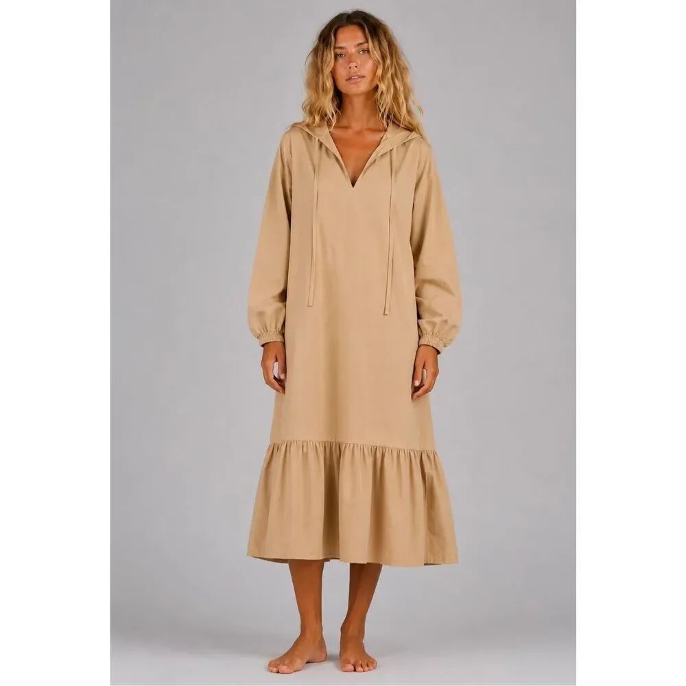 Zara Cotton Hooded Ruffle Midi Dress Beige Boho Oversized Size S (111)